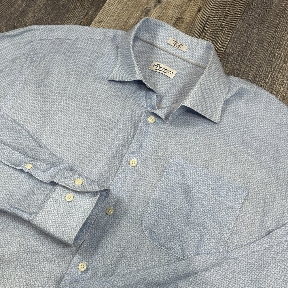 Peter Millar Crown Cool Button Up Shirt XL Blue Linen Long‎ Sleeve Lighweight